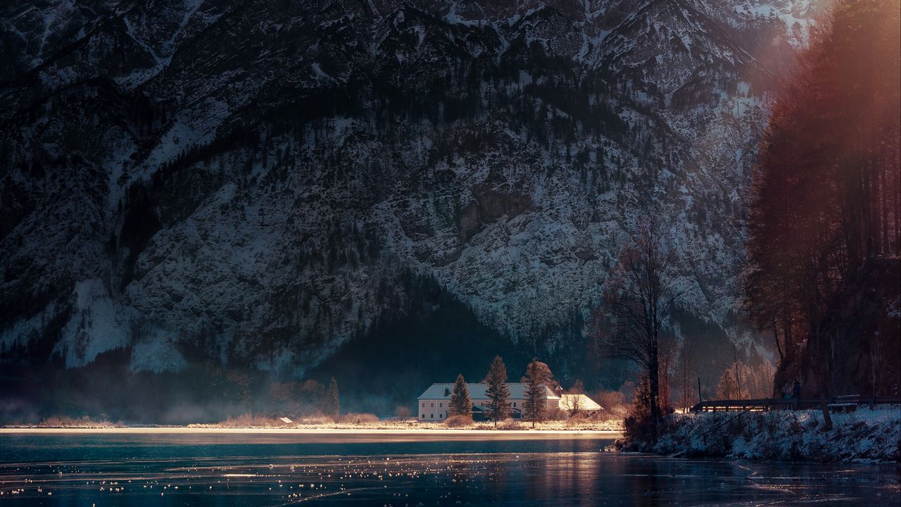 Wallpaper lake, house, mountains, austria