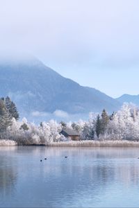 Preview wallpaper lake, house, trees, mountains, winter