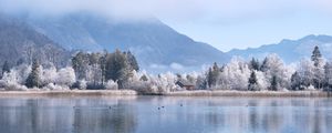Preview wallpaper lake, house, trees, mountains, winter
