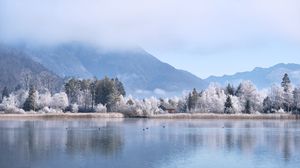 Preview wallpaper lake, house, trees, mountains, winter