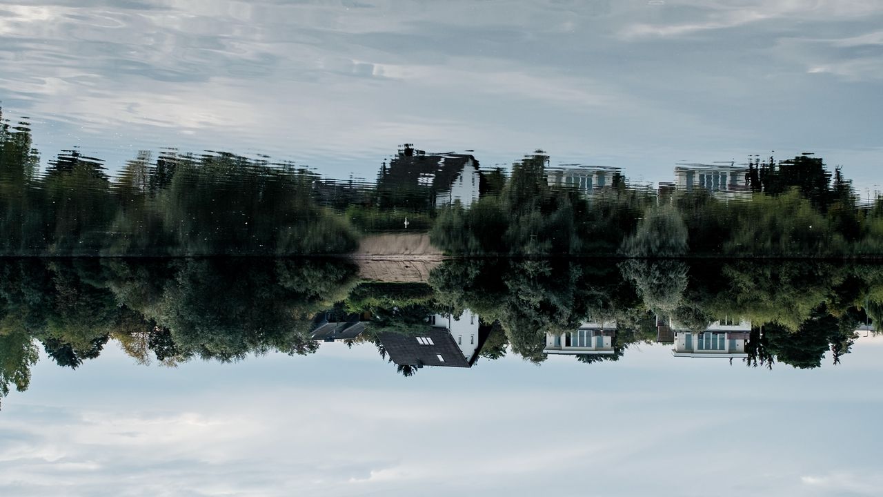 Wallpaper lake, house, trees, reflection, sky