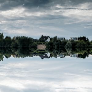 Preview wallpaper lake, house, trees, reflection, sky
