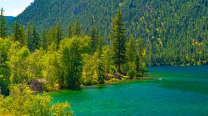 Preview wallpaper lake, houses, forest, mountain, shore