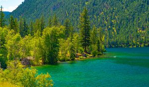 Preview wallpaper lake, houses, forest, mountain, shore