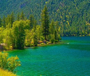 Preview wallpaper lake, houses, forest, mountain, shore