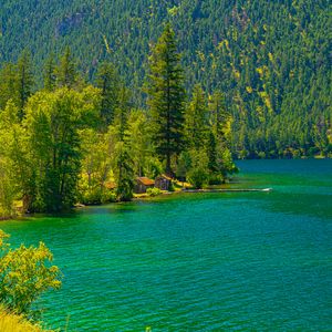 Preview wallpaper lake, houses, forest, mountain, shore