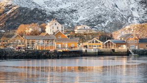 Preview wallpaper lake, houses, mountain, shore, village