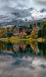 Preview wallpaper lake, houses, trees, mountains, landscape