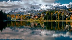 Preview wallpaper lake, houses, trees, mountains, landscape