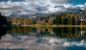 Preview wallpaper lake, houses, trees, mountains, landscape