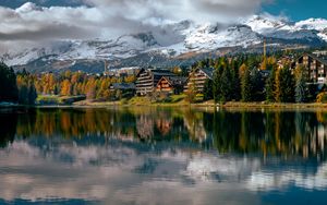 Preview wallpaper lake, houses, trees, mountains, landscape