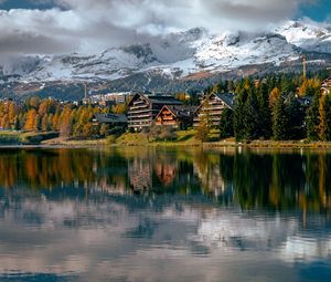 Preview wallpaper lake, houses, trees, mountains, landscape