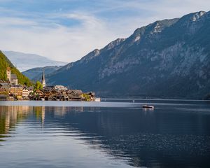 Preview wallpaper lake, houses, village, mountains, landscape