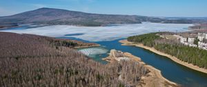 Preview wallpaper lake, ice, coast, trees, forest