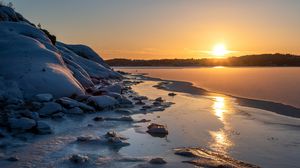 Preview wallpaper lake, ice, forest, sunrise, nature