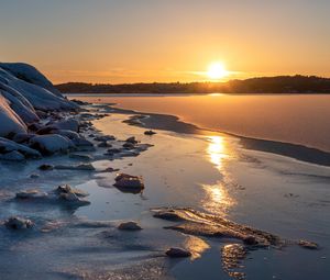 Preview wallpaper lake, ice, forest, sunrise, nature