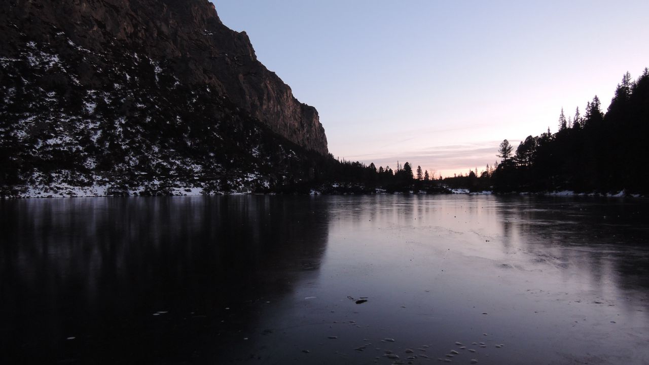 Wallpaper lake, ice, mountain, shore, dusk