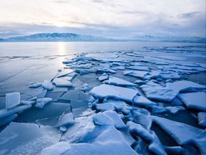 Preview wallpaper lake, ice, shards, frozen, mountains, landscape