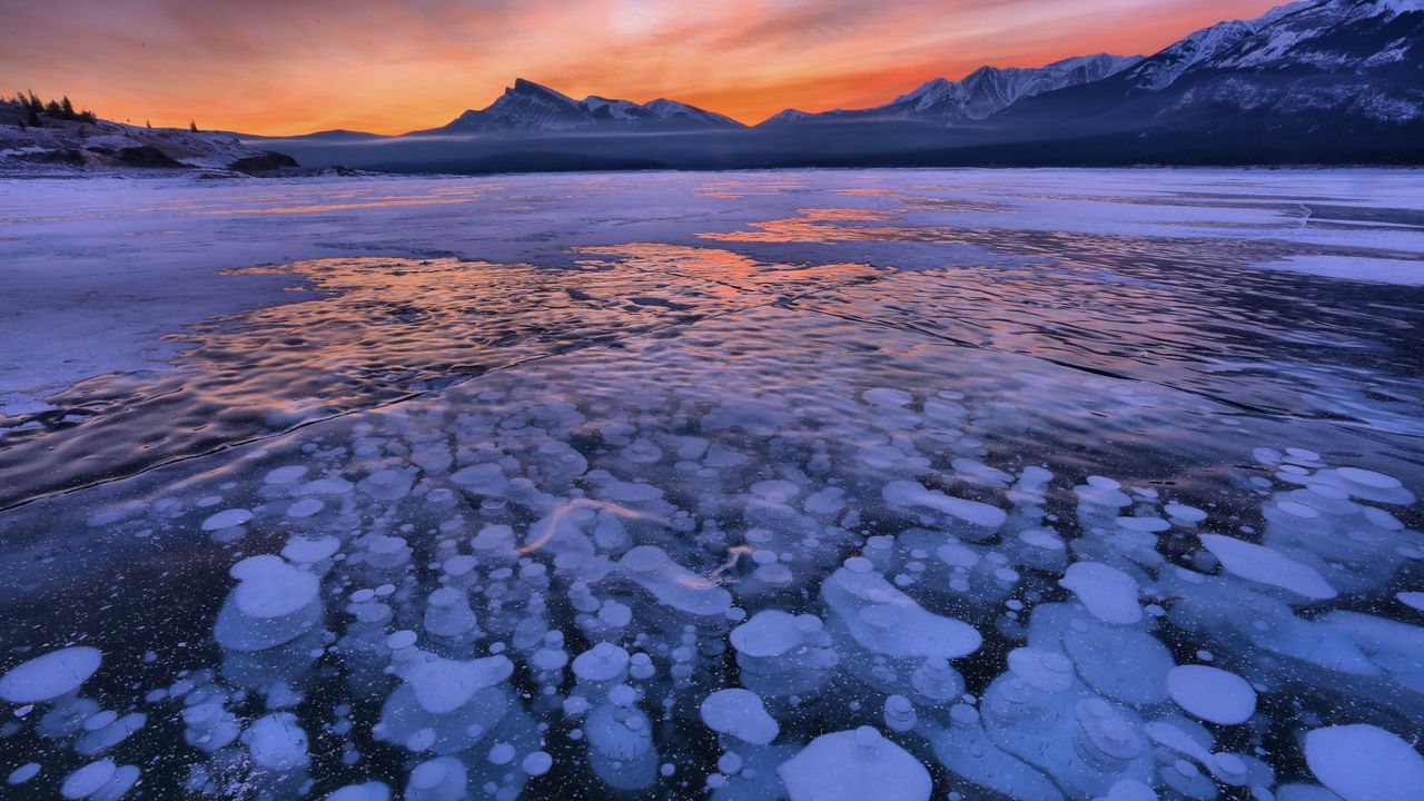 Wallpaper lake, ice, snow, winter, sunset, horizon