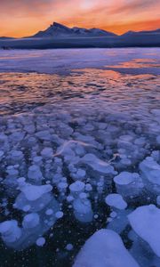Preview wallpaper lake, ice, snow, winter, sunset, horizon