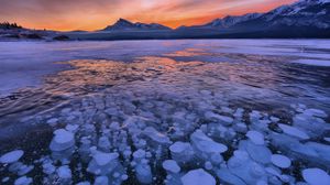 Preview wallpaper lake, ice, snow, winter, sunset, horizon