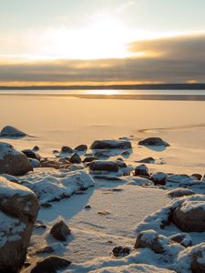Preview wallpaper lake, ice, snow, sunset, nature, winter