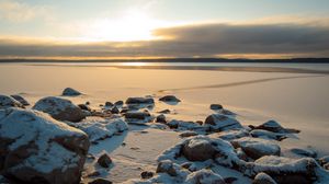 Preview wallpaper lake, ice, snow, sunset, nature, winter
