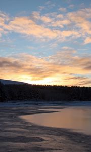 Preview wallpaper lake, ice, snow, forest, sunset, winter, landscape