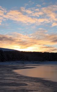 Preview wallpaper lake, ice, snow, forest, sunset, winter, landscape
