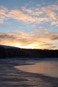 Preview wallpaper lake, ice, snow, forest, sunset, winter, landscape