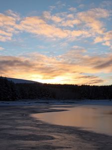 Preview wallpaper lake, ice, snow, forest, sunset, winter, landscape