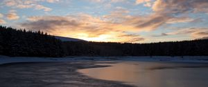 Preview wallpaper lake, ice, snow, forest, sunset, winter, landscape