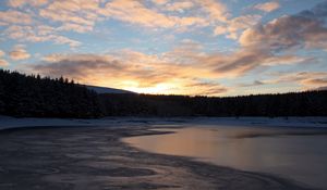 Preview wallpaper lake, ice, snow, forest, sunset, winter, landscape