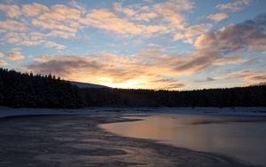 Preview wallpaper lake, ice, snow, forest, sunset, winter, landscape