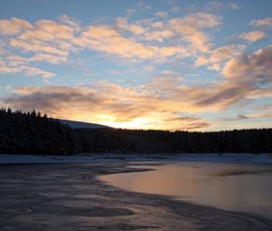 Preview wallpaper lake, ice, snow, forest, sunset, winter, landscape