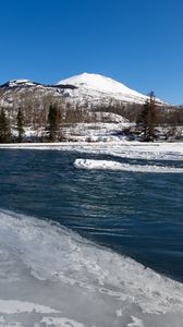 Preview wallpaper lake, ice, snow, trees, mountains, nature