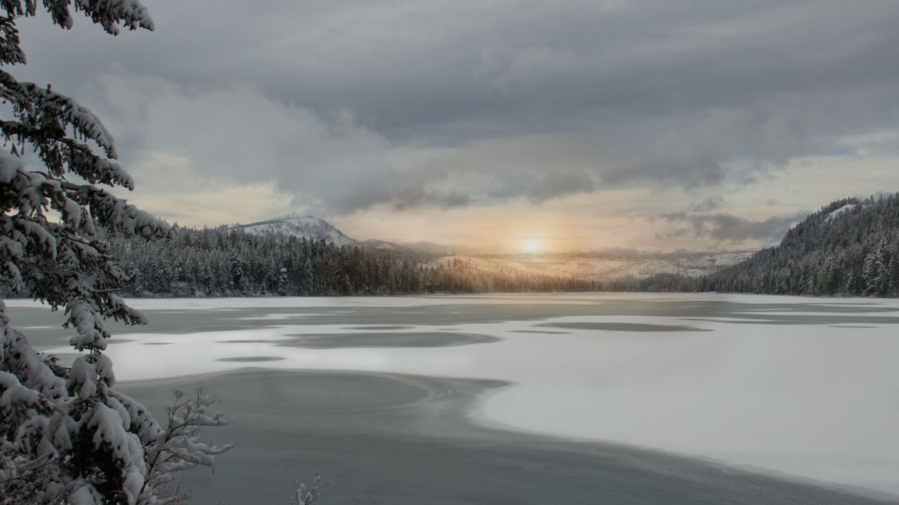 Wallpaper lake, ice, snow, trees, winter