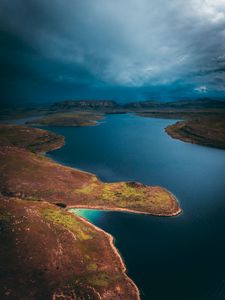 Preview wallpaper lake, island, aerial view, cloudy, sky, africa