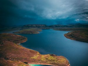 Preview wallpaper lake, island, aerial view, cloudy, sky, africa