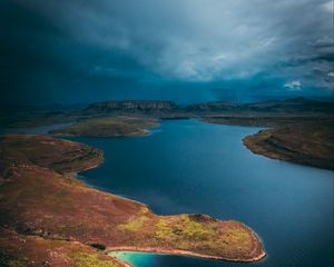 Preview wallpaper lake, island, aerial view, cloudy, sky, africa