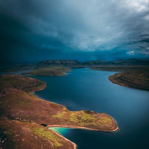 Preview wallpaper lake, island, aerial view, cloudy, sky, africa