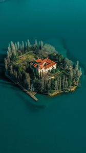 Preview wallpaper lake, island, aerial view, trees, house