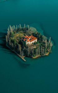 Preview wallpaper lake, island, aerial view, trees, house