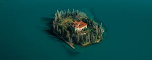 Preview wallpaper lake, island, aerial view, trees, house