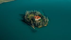 Preview wallpaper lake, island, aerial view, trees, house