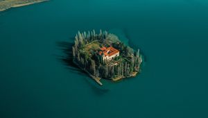 Preview wallpaper lake, island, aerial view, trees, house