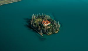 Preview wallpaper lake, island, aerial view, trees, house