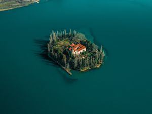 Preview wallpaper lake, island, aerial view, trees, house