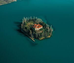 Preview wallpaper lake, island, aerial view, trees, house