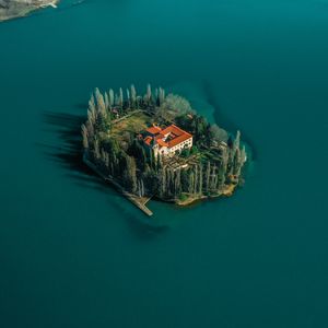 Preview wallpaper lake, island, aerial view, trees, house